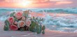 valentine day concept, soft focus woman hand holding bouquet of colorful roses flower, blurred blue sea and sky background. AI generated illustration