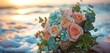 valentine day concept, soft focus woman hand holding bouquet of colorful roses flower, blurred blue sea and sky background. AI generated illustration