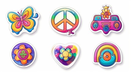 Poster - Vintage groovy stickers isolated on white background. Modern illustration of colorful funky badges in the form of butterflies, peace signs, heart balloons, flowers, vinyl players, hippies, etc.