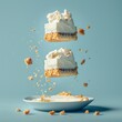 Levitating cheesecake cutted pieces, separated, light blue color background, professional studio photography.