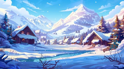 Wall Mural - Mountain landscape with chalet houses, white snow, frozen lake, and trees in winter. Small wooden cottages in skiing resort, modern illustration.