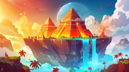 Wall Mural - This modern illustration of islands with ancient pyramids, ice and snow, a paradise waterfall, and a volcano with fiery liquid lava is ideal for game UI design.