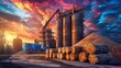 Biomass storage facility with stacked biofuel materials, captured during a vibrant sunset, symbolizing potential and energy storage solutions.