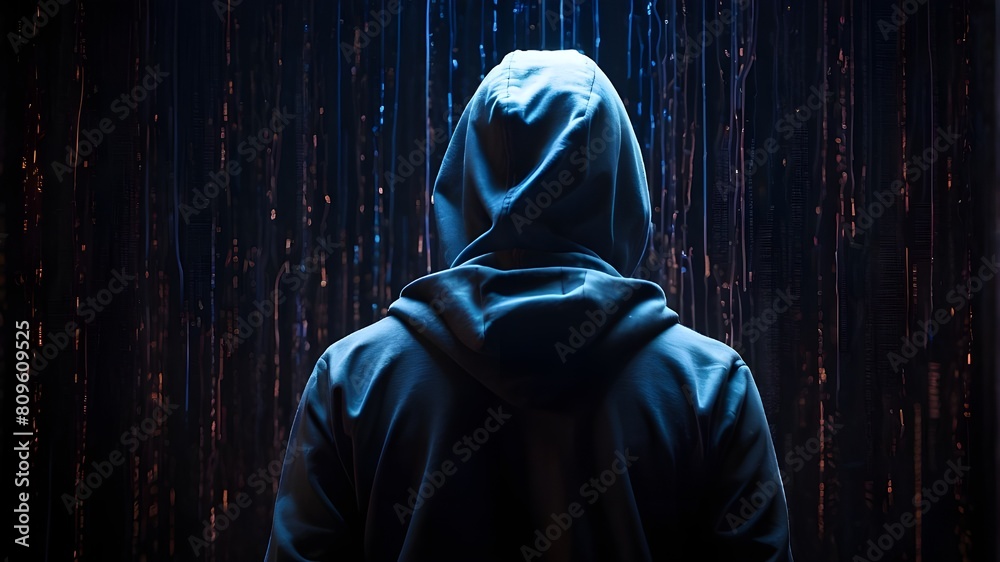 Back view of a hacker wearing a hoodie in dim lighting. A brilliant ...