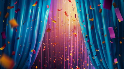 Wall Mural - Banner template for show or festival announcements. Modern cartoon illustration of blue drapery curtains on stage, golden confetti flying in the air, and text illuminated by orange.