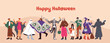 Halloween masquerade party banner. October holiday background, people in creepy spooky festive carnival costumes. Helloween celebration night with disguised characters. Flat vector illustration