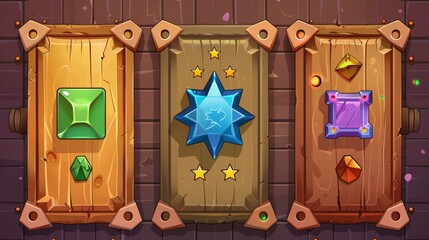 Wall Mural - A wooden game banner with iron star badges. Icons of level achievement and an empty title brown bar, green gemstones. Game interface elements isolated on a white background. An illustration of a