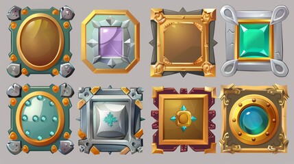 Wall Mural - A set of fantasy square game frames isolated on a white background. Modern cartoon illustration of silver and gold borders decorated with ornaments and gems. Ui symbol of royal status.