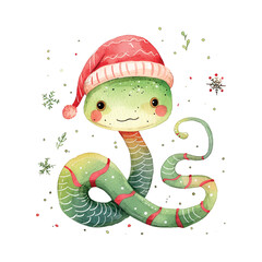 Poster - A green and red snake wearing a Santa hat. The snake is smiling and surrounded by Christmas decorations