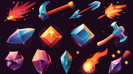 Poster - Isolated cartoon set of game skill symbols on dark background. Modern illustration of hammer, magic gemstone, sharp arrows, burning asteroids, light flash flying fast. Fantasy clash attack.