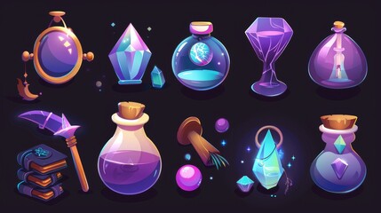 Wall Mural - Ui elements, set of potion bottle, mirror, magic spells book, amulet, fortune teller crystal ball and herbs. Modern cartoon illustration.