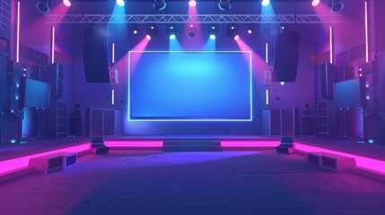 Wall Mural - Studio for TV show with stage, LED screen and spotlights. A blank scene interior with light projectors, digital monitors and speakers, modern cartoon illustration.