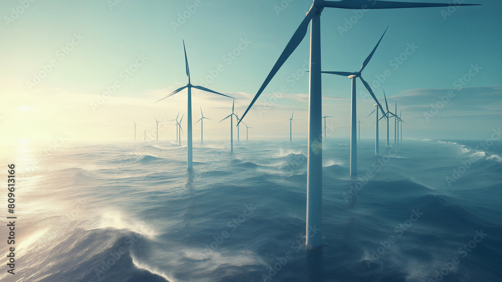 Offshore wind farm, Renewable energy turbines generating sustainable ...