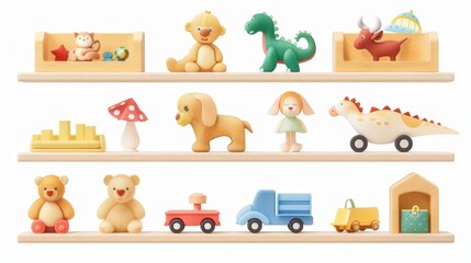 Poster - Toy shop goods on shelves isolated on white background. Modern illustration of boxes with doll, stuffed cat, dog, dinosaur, wood horse, truck. Gift store for children.