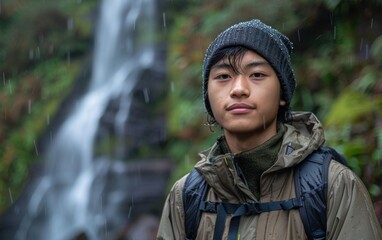 Wall Mural - A man wearing a black hat and a green jacket stands in front of a waterfall. He looks tired and is wearing a backpack