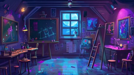 Wall Mural - Drawings on easels, framed canvas, sketches on blackboard. Modern illustration of dark art classroom interior with furniture and painting equipment. Design workshop banner illustration.