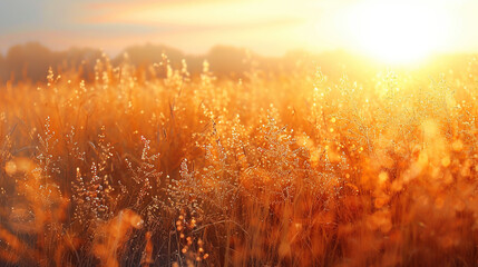 Poster - Abstract warm landscape of dry wildflower and grass meadow on warm golden hour sunset or sunrise time. Tranquil autumn fall nature field background. Soft golden hour sunlight panoramic countrysi