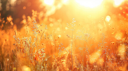 Poster - Abstract warm landscape of dry wildflower and grass meadow on warm golden hour sunset or sunrise time. Tranquil autumn fall nature field background. Soft golden hour sunlight panoramic countrysi