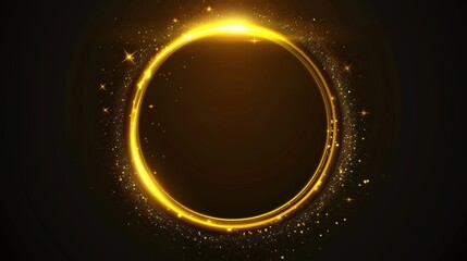 Poster - Light flare effect on black background. Modern realistic illustration of bright solar eclipse highlighted by golden sparkles and neon yellow rings. Magic energy.
