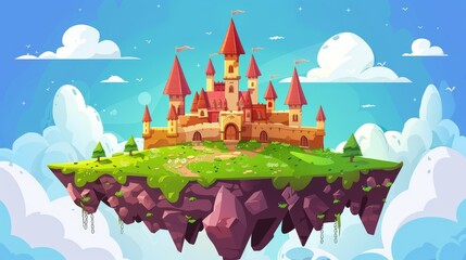 Canvas Print - Magic fairytale tower flying in imagination heaven in a summer green and rock landscape with boulder platform in a cartoon landscape.