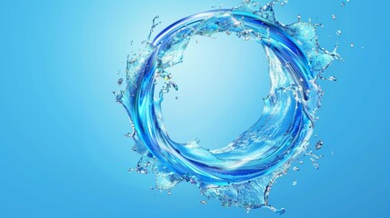 Poster - Realistic 3D water circle splash and round swirl frame. Liquid aqua wave with drops and bubbles in ring flow. Mineral clear blue stream graphic design with motion. Fresh sparkling whirl texture.