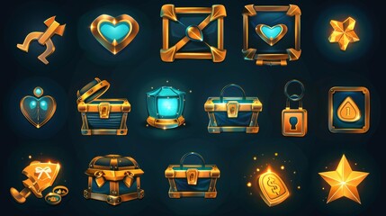 Wall Mural - Game UI elements with gold and chest. Casino cartoon interface packs with money box, heart, star, coin, gear, and heart settings. 2D fantasy computer app isolated loot icon.