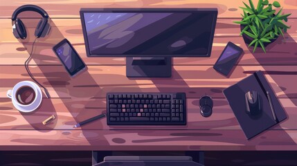 Poster - Detailed modern illustration of an office desk top view with a computer monitor for work on a wooden table. Mobile phone, tablet, keyboard, coffee, plant, earphone and earbuds on the desk.