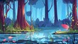 The forest forest swamp cartoon game landscape background with woods and rivers. The marsh plant in the water panoramic wallpaper. The fairytale wetlands landscape with leaves and branches.