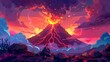 A prehistoric landscape with rocky hills, flowing magma, steam, and lava, including a volcano eruption landscape with an active volcanic mountain and smoke and lightning in its crater. Cartoon modern