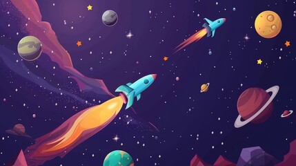 Poster - Modern illustration of a galaxy background with a spaceship and planet. Starry outer fantasy cosmic explosion near an asteroid fire explosion. Abstract design of starry outer fantasy cosmic