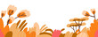 Fall forest trees, foliage plants border. Autumn nature banner. Yellow leaves, horizontal background. Seasonal woodland panorama in modern botanical style. Flat vector illustration isolated on white