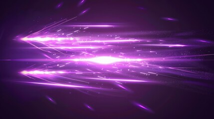 Poster - Modern image of neon luminance of bright energy fast dynamic movement on black background with straight purple streaks and blurred light effect.