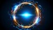 © Mark - The magic round portal is painted in a firelight effect. A neon energy ring frame is surrounded by thunderbolts shining brightly. A multiverse shines in blue and gold. An abstract transparent sparkle