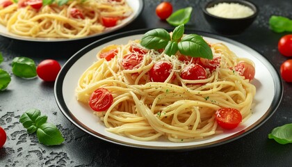 Wall Mural - Taste of Italy: Classic Spaghetti with Fresh Tomatoes and Cheese