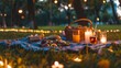 © Mark - Picnic in a night park of a city - sandwiches, breads and fruits on blankets on lawn, a basket with food and water, and candles in a glass holder. Outdoor date set-up.