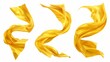 © Mark - An isolated set of yellow silk ribbons on a white background. Modern realistic illustration of golden fabric floating in the air, satin cloth waves, soft textile sheets falling, a home decor element.