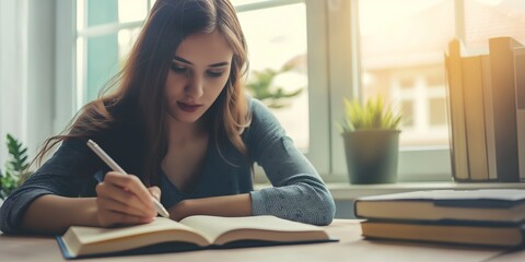 Wall Mural - Concentrated female student engaged in studying with books and pen on a wooden desk