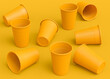 Set of plastic disposable party cup for juice, fresh, beer on monochrome yellow
