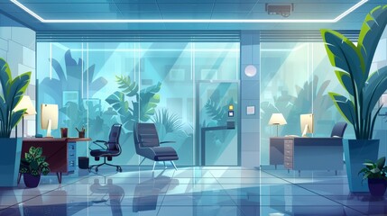 Poster - An office room with a glass wall and armchairs in the hall. It also has workrooms with desks and chairs.