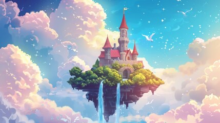 Wall Mural - A fantasy fairytale castle floating in the sky among clouds on an island. A king and princess kingdom with a tower flying high in the sky.