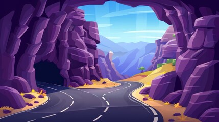 Wall Mural - A serpentine road crosses a cliff in a mountain tunnel and emerges in an open area flooded with sunlight. Cartoon summer modern landscape of an asphalt highway in rocky hills.