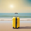 yellow suitcase stands on the beach
