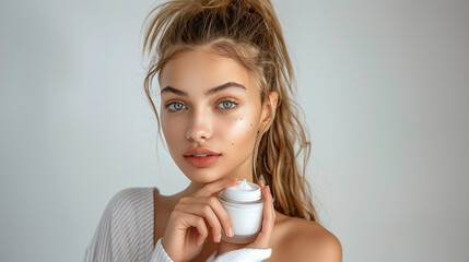 Wall Mural - Portrait of a beautiful caucasian young woman with perfect skin and natural makeup, holding a blank white jar of face cream on white background. Skincare commercial photography.