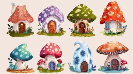 Wall Mural - A cute fairy mushroom gnome house fantasy modern illustration. A fairytale magic dwarf house in a poisonous mushroom. An elf home with summer land.