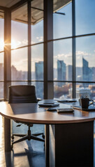 Wall Mural - Light-Filled Workspace, Beautiful Blurred Background of Modern Office with Panoramic Views