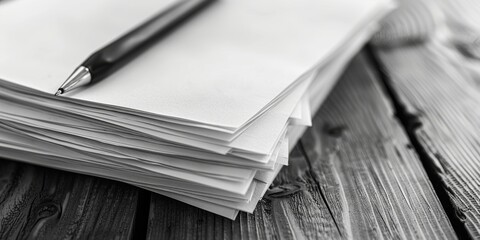 Close-up of a stack of white paper with a black ballpoint pen resting on top, set on a dark wooden background