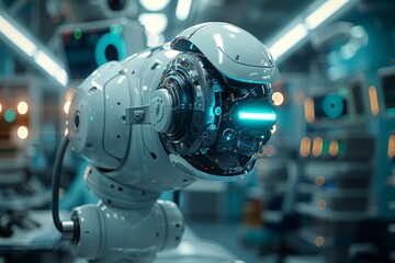 Poster - A stunning image of a robot's head with blue lighting, reflecting advanced technology and artificial life