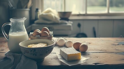 Dairy products and eggs on a table. Healthy fresh farm food background: milk, cheese, eggs. Rustic breakfast concept