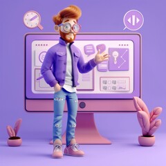 Wall Mural - 3D Cartoon Tech Startup Founder A young tech startup founder brainstorming product design on a large monitor, AI Generative