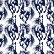 Seamless pattern from repeating silhouettes of a galloping horse with developing mane and tail. Hand-drawn vector stencil